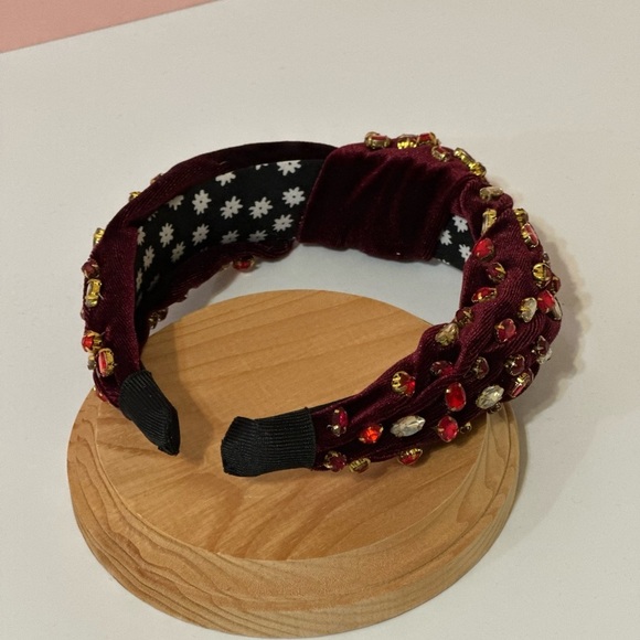 Red Rhinestone Burgundy Velvet Knot Headband - Picture 8 of 10